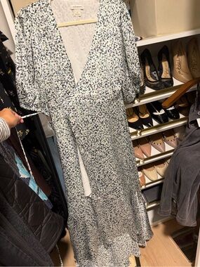 Club Monaco White Maxi Wrap Dress with Navy and Green Speckle